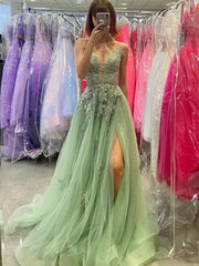 A-line Green V-neckline Straps Tulle with Lace Party Dress, Green Long Prom Dress