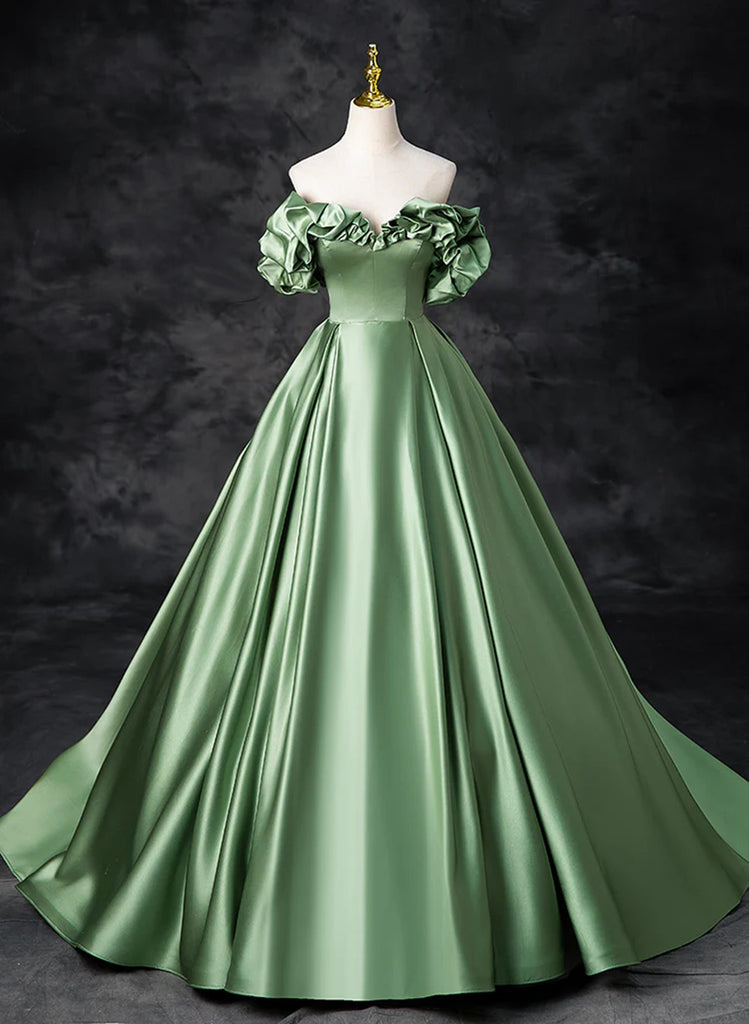 A-line Green Satin Off Shoulder Long Party Dress, Green Satin Prom Dre