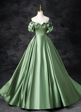 A-line Green Satin Off Shoulder Long Party Dress, Green Satin Prom Dress