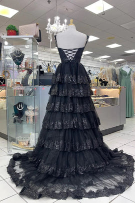 Black A-line Sweetheart Tulle with Lace Layers Party Dress, A-line Black Long Prom Dress