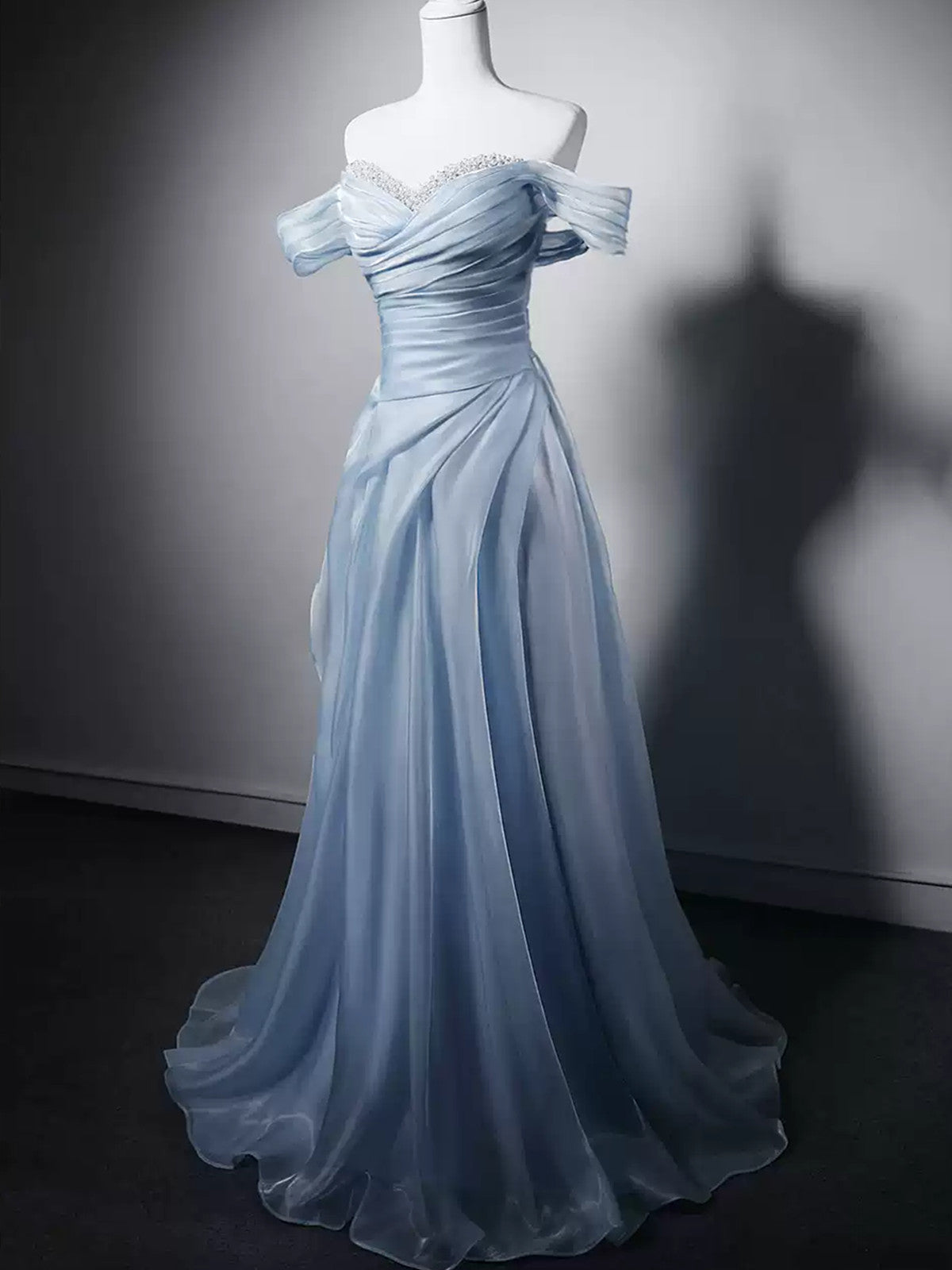 Light Blue Beaded Sweetheart Strapless Long Formal Dress, Light Blue Long Prom Dress Evening Dress