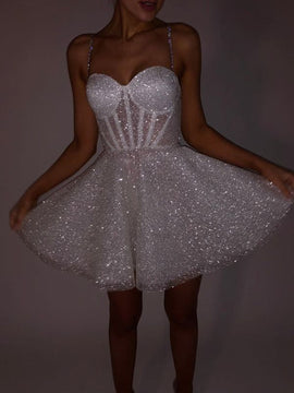 White Knee Length Tulle Straps Sweetheart Party Dress, White Shiny Short Party Dress Graduation Dress