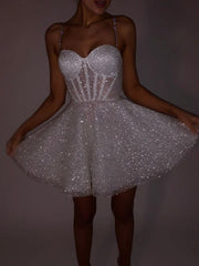 White Knee Length Tulle Straps Sweetheart Party Dress, White Shiny Short Party Dress Graduation Dress