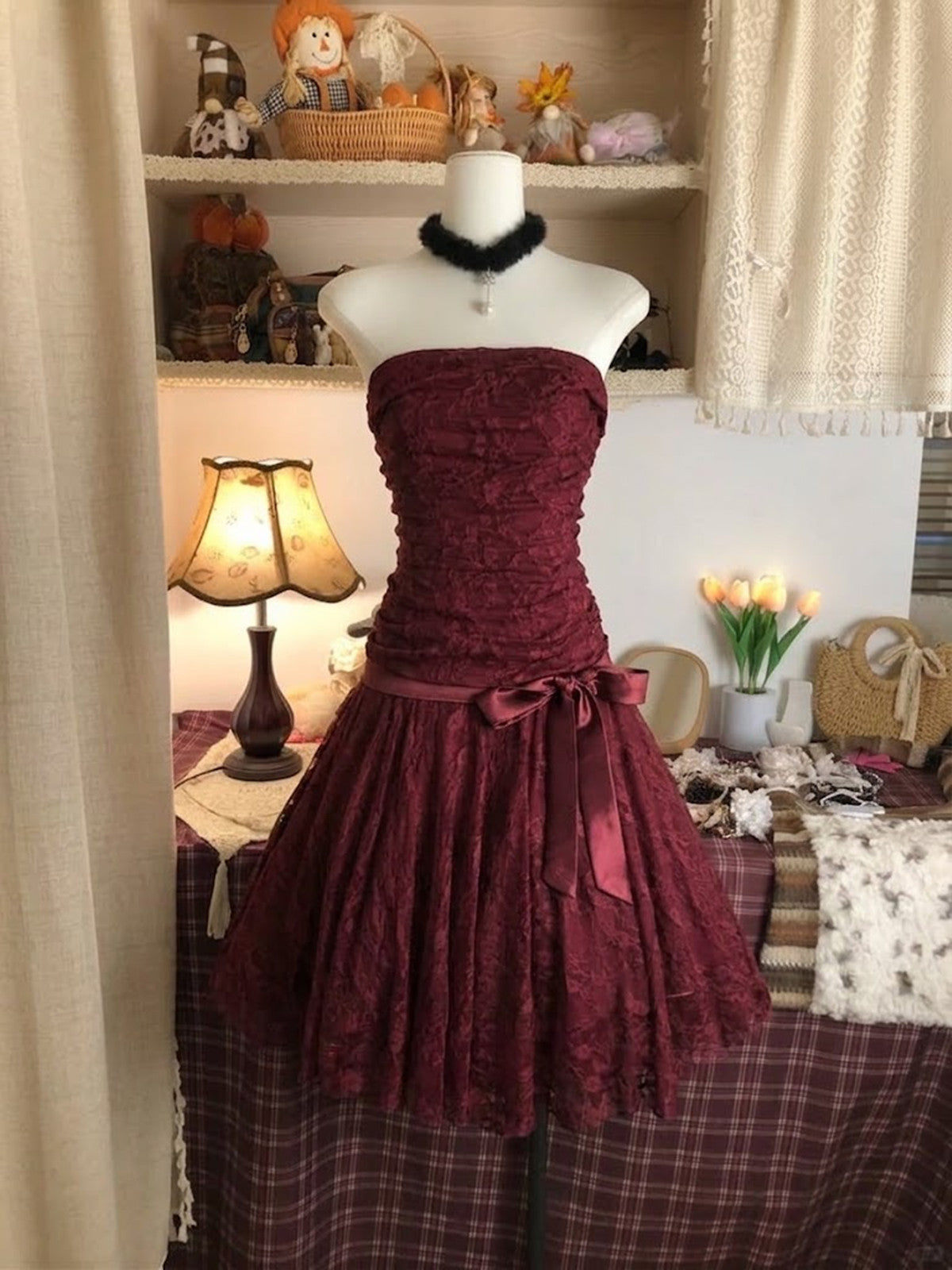 Wine Red Ruched Lace A-Line Formal Dress with Ribbon Bow, Wine Red Homecoming Dress