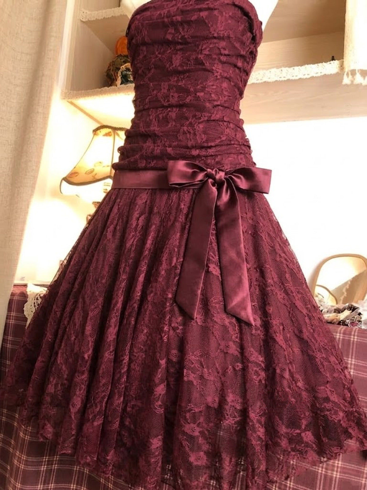 Wine Red Ruched Lace A-Line Formal Dress with Ribbon Bow, Wine Red Homecoming Dress