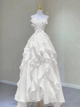 Lovely Layers Organza Beaded A-line Floor Length Party Dress, White Long Prom Dress