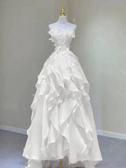 Lovely Layers Organza Beaded A-line Floor Length Party Dress, White Long Prom Dress