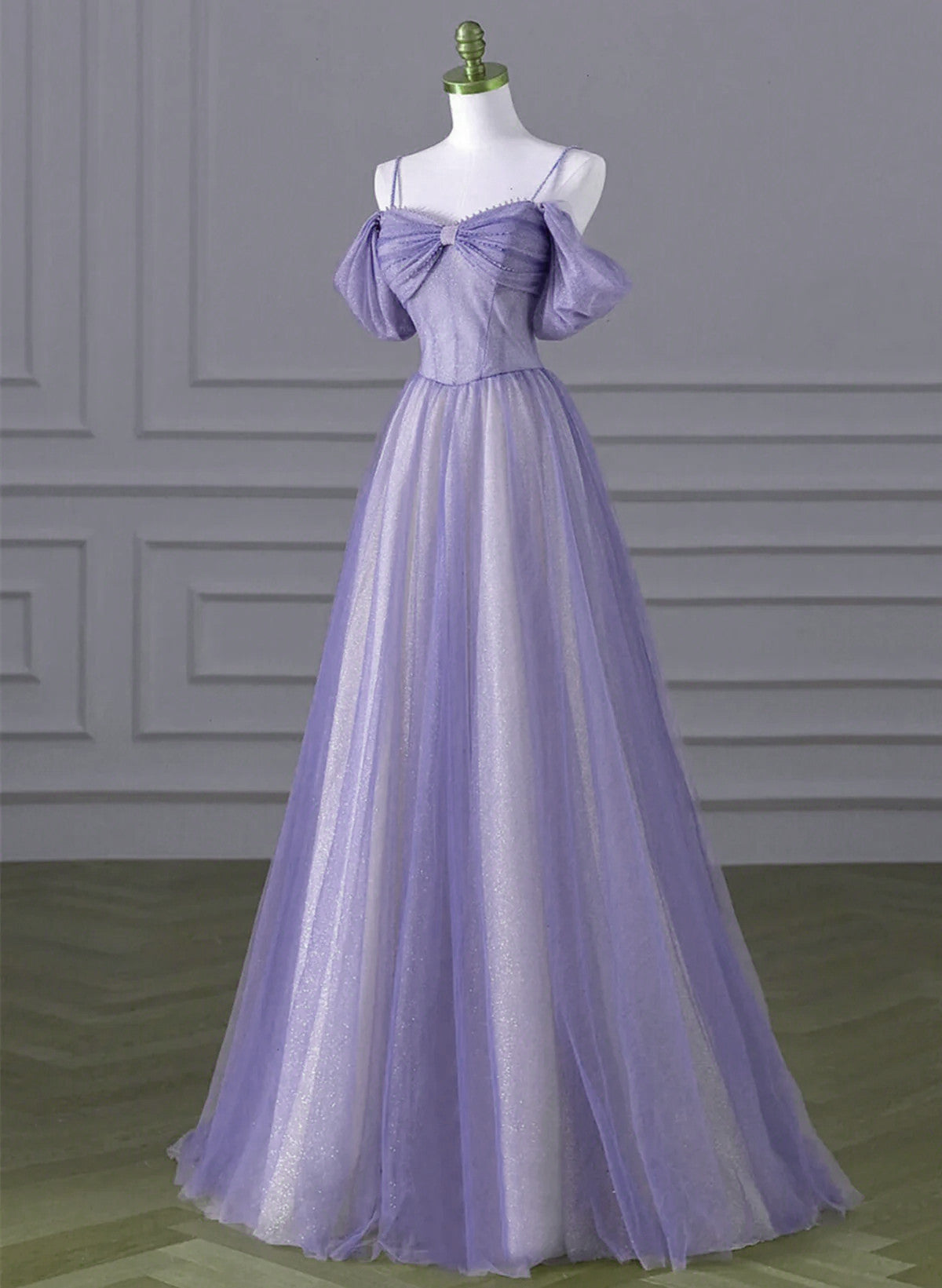 A-line Light Purple Tulle Beaded Long Party Dress, Light Purple Prom D – Cutedressy