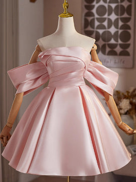 Cute Pink Satin Short Sleeves Homecoming Dress, Pink Satin Short Prom Dress