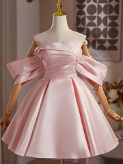 Cute Pink Satin Short Sleeves Homecoming Dress, Pink Satin Short Prom Dress