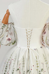 Ivory Tulle Lace Long Prom Dress, A-Line Strapless Off Shoulder Formal Dress
