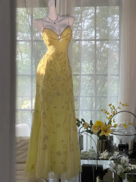 Elegant Chiffon Yellow Beaded Low Back Prom Dress, Yellow Sweetheart Straps Long Evening Formal Dress