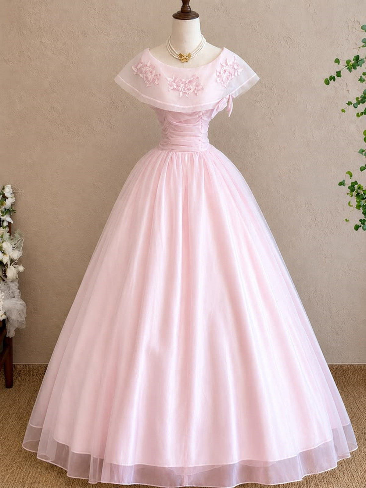 Vintage Pink Evening Gown Floral Embroidered Cape Sleeves, Ruched Waist Tulle Prom Dress