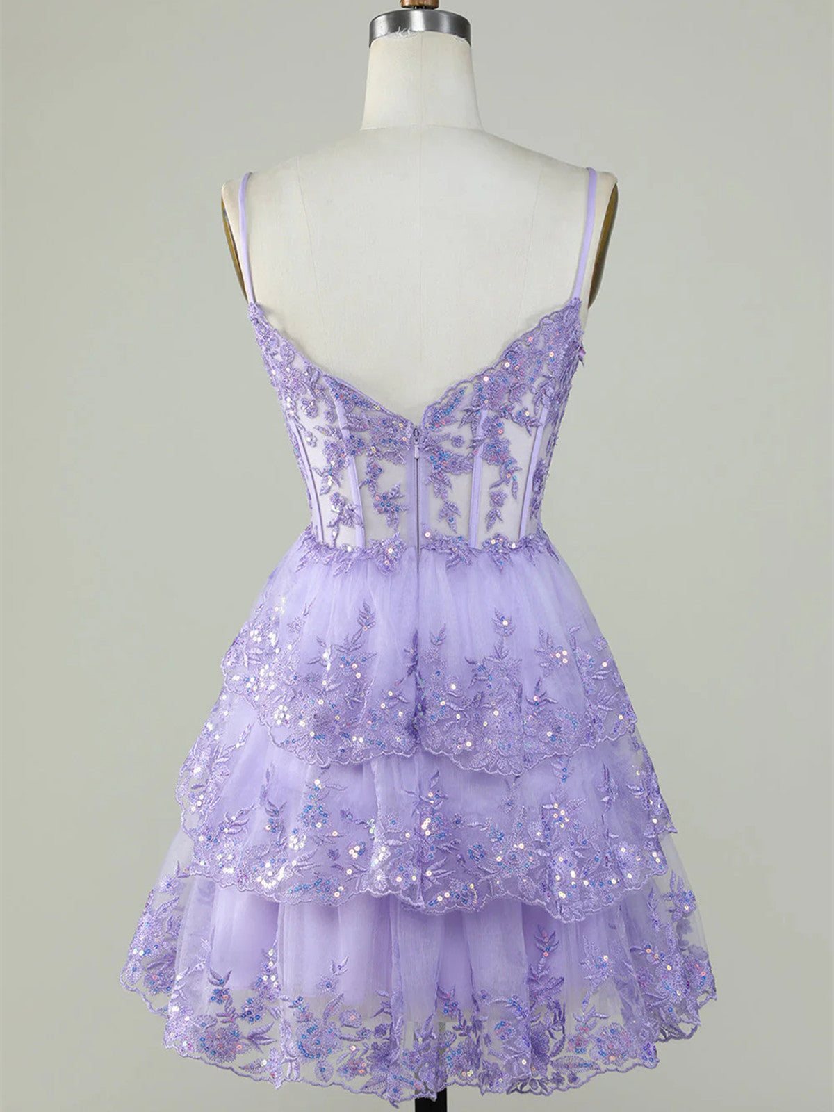 Light Purple Sparkly Tiered Tulle Homecoming Dress, Tulle Short Straps Party Dress