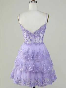 Light Purple Sparkly Tiered Tulle Homecoming Dress, Tulle Short Straps Party Dress