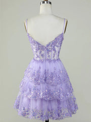 Light Purple Sparkly Tiered Tulle Homecoming Dress, Tulle Short Straps Party Dress