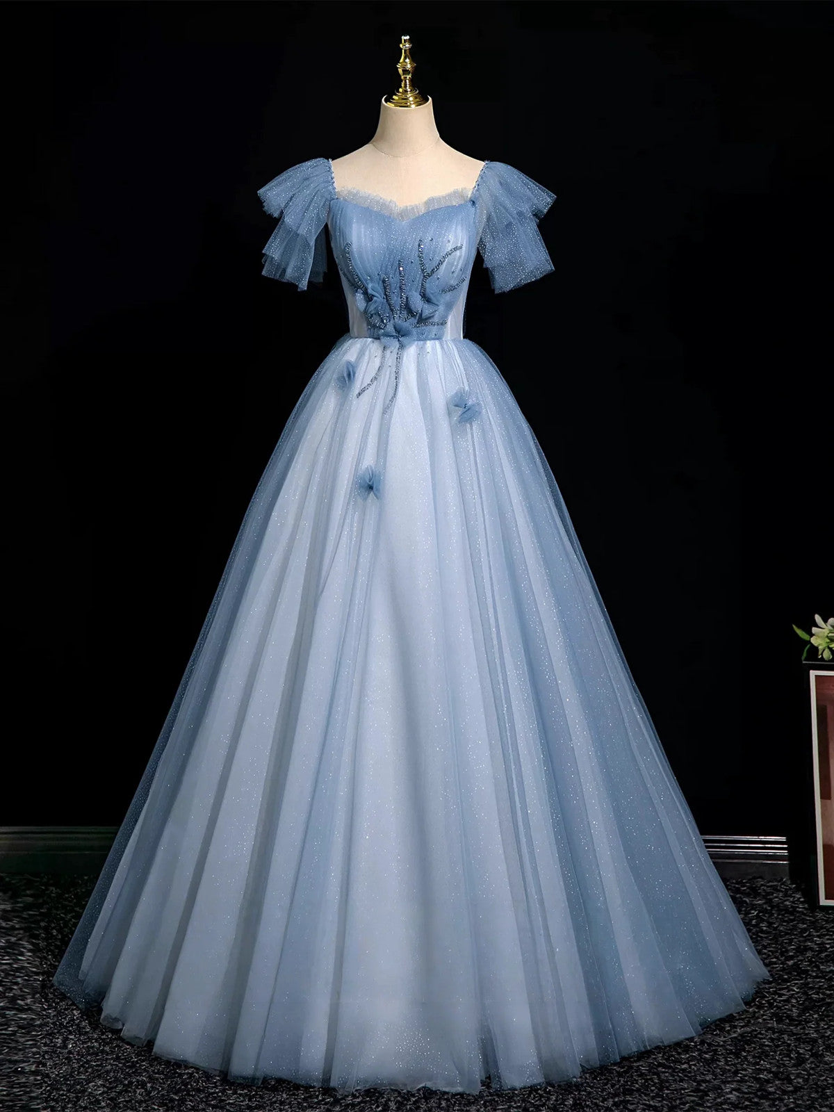 A-line Blue Tulle Off Shoulder Beaded Sweetheart Party Dress, Blue Tulle Long Prom Dress