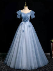 A-line Blue Tulle Off Shoulder Beaded Sweetheart Party Dress, Blue Tulle Long Prom Dress