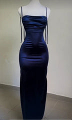 Sheath Navy Blue Satin Prom Dress Spaghetti Straps Backless Party Dress, Navy Blue Prom Dress