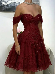 Wine Red Tulle with Lace Applique Short Party Dress, Off Shoulder Sweetheart Homecoming Dress