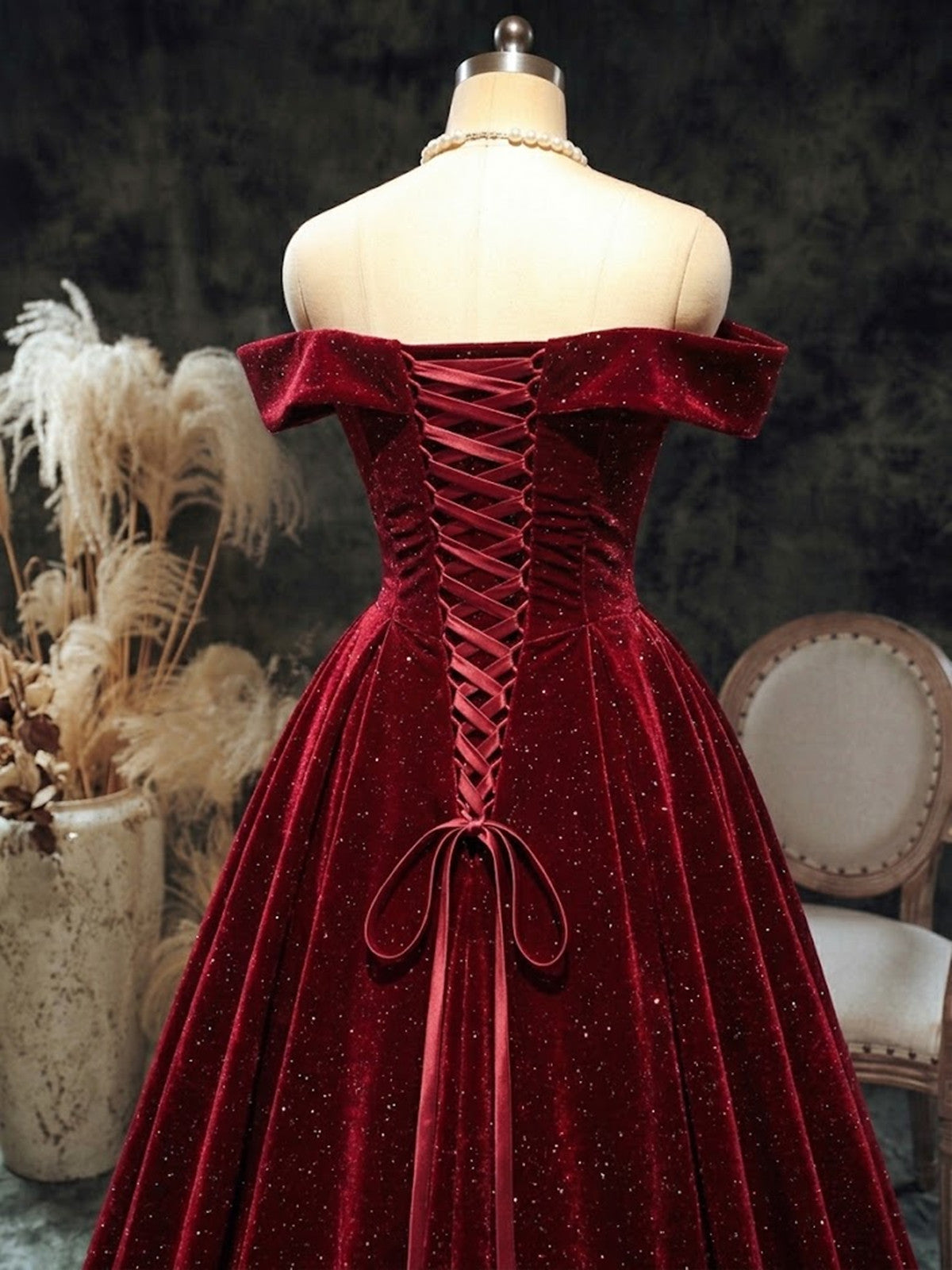 A-line Wine Red Velvet Off Shoulder Long Formal Dress, Simple Wine Red Party Dress with Bow