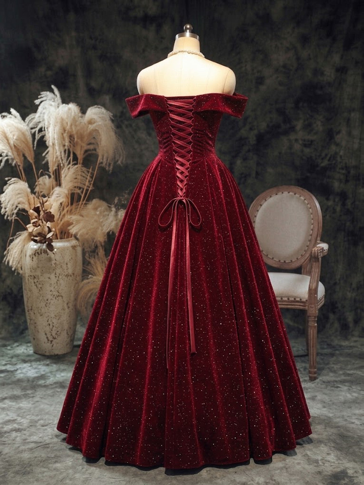 A-line Wine Red Velvet Off Shoulder Long Formal Dress, Simple Wine Red Party Dress with Bow