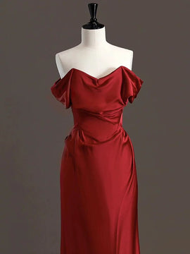 Wine Red Satin Off Shoulder A-line Long Formal Dress, Wine Red Satin Prom Dress
