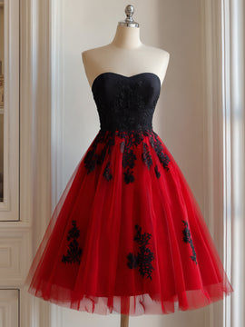 Black and Red Sweetheart Tulle with Lace Applique Party Dress, Tulle Short Homecoming Dress