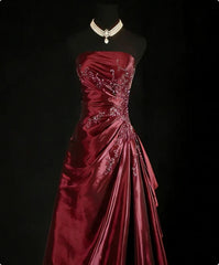 Chic Wine Red Taffeta Beaded Strapless Homecoming Dress, Wine Red Knee Length Short Party Dress