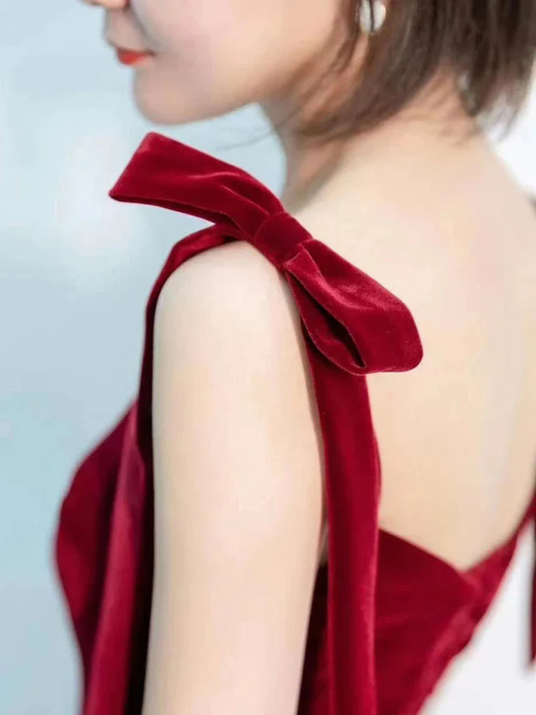 Wine Red Velvet Straps Wedding Party Dress, Wine Red Lace-Up Evening Dress main image 1