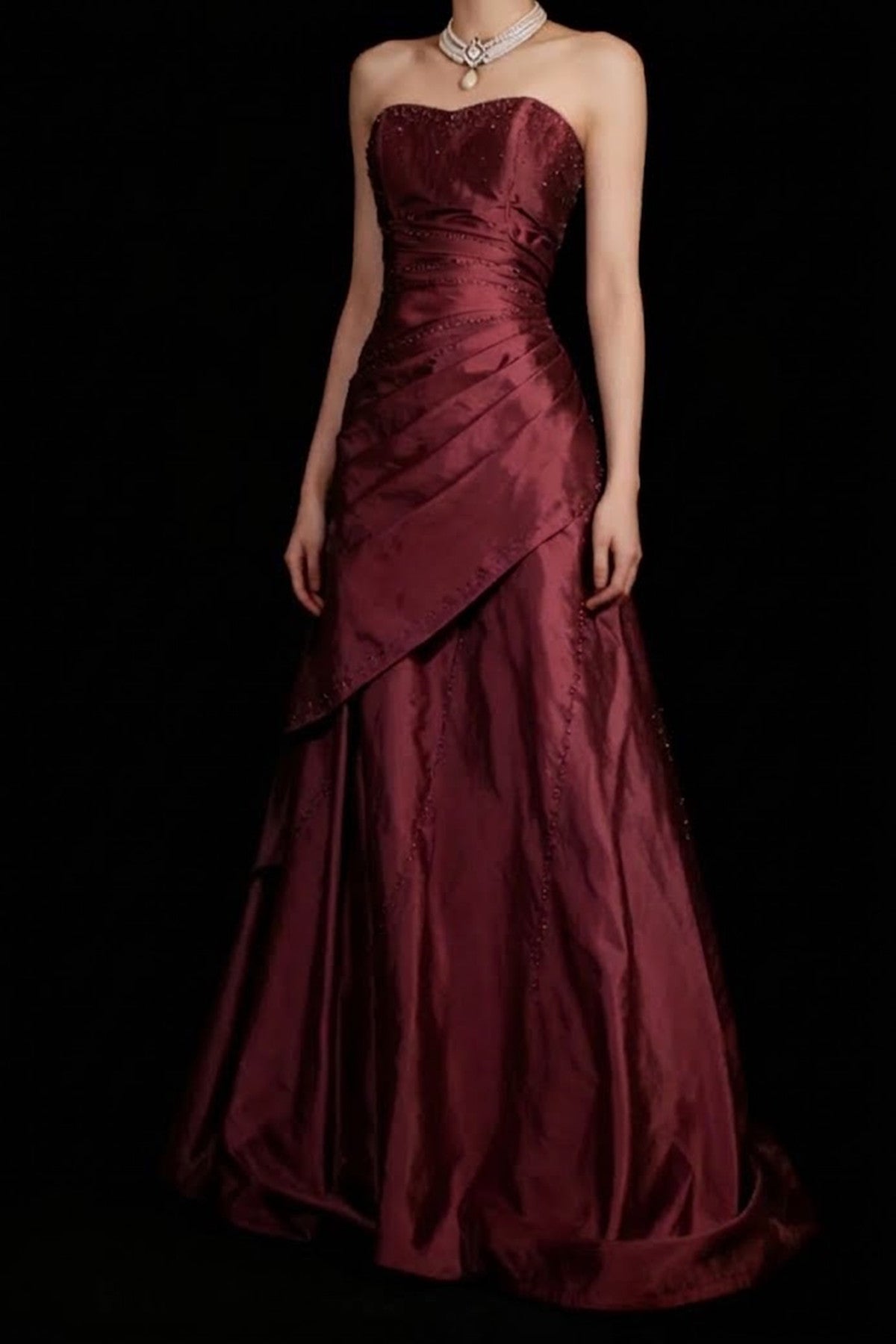 Elegant Wine Red Strapless Floor-Length Evening Dress, Beaded A-line Wine Red Long Prom Dress