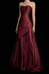 Elegant Wine Red Strapless Floor-Length Evening Dress, Beaded A-line Wine Red Long Prom Dress