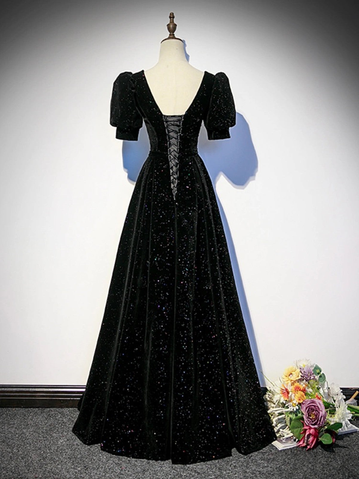 Black A-line Velvet Long Prom Dress Party Dress, Black Short Sleeves P Cutedressy Black A-line Velvet Long Prom Dress Party Dress, Black Short Sleeves P Cutedressy