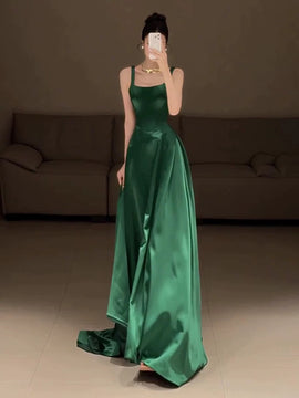 Green Satin A-line Straps Scoop Long Party Dress, Green Satin Evening Dress Prom Dress