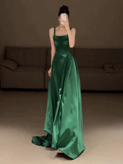 Green Satin A-line Straps Scoop Long Party Dress, Green Satin Evening Dress Prom Dress