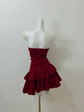 Wine Red Velvet Short Party Dress Homecoming Dress, Wine Red Strapless Formal Dress