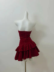Wine Red Velvet Short Party Dress Homecoming Dress, Wine Red Strapless Formal Dress