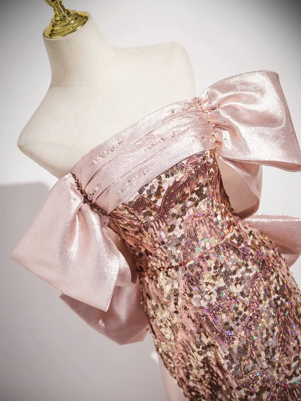 Pink Sequins and Satin Mermaid Long Party Dress, Pink Off Shoulder Scoop Prom Dress