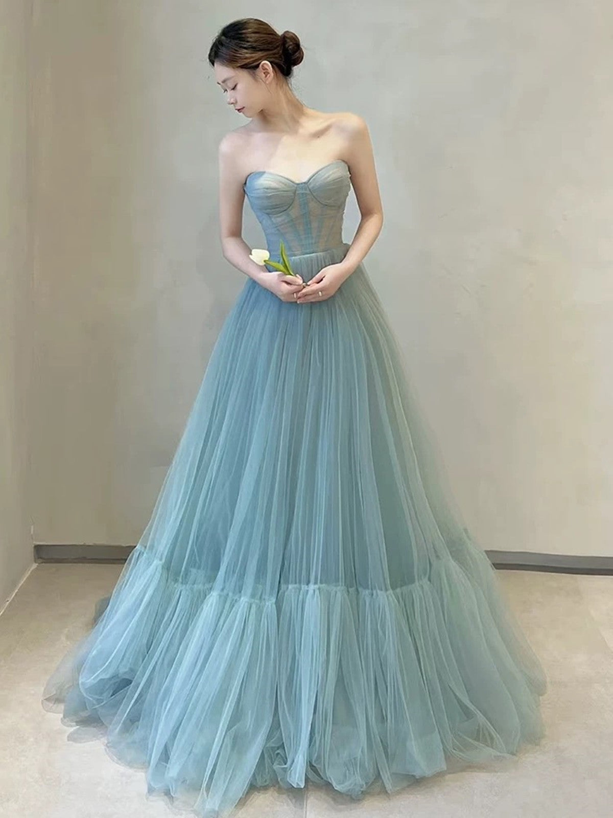 Light Blue Tulle Sweetheart Simple A-line Party Dress, Blue Tulle Off Shoulder Prom Dress