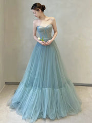 Light Blue Tulle Sweetheart Simple A-line Party Dress, Blue Tulle Off Shoulder Prom Dress