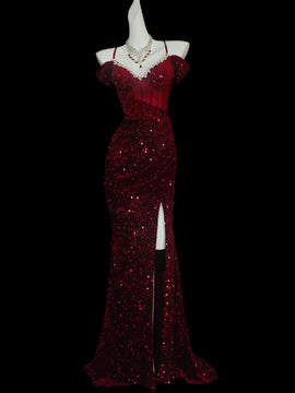 Wine Red Sweetheart Sequins Off Shoulder Prom Dress, Wine Red Long Party Dress with Slit