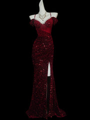 Wine Red Sweetheart Sequins Off Shoulder Prom Dress, Wine Red Long Party Dress with Slit