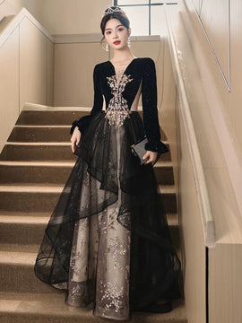 Black Velvet and Tulle Long Sleeves with Lace Prom Dress, A-line Black Floor Length Party Dress