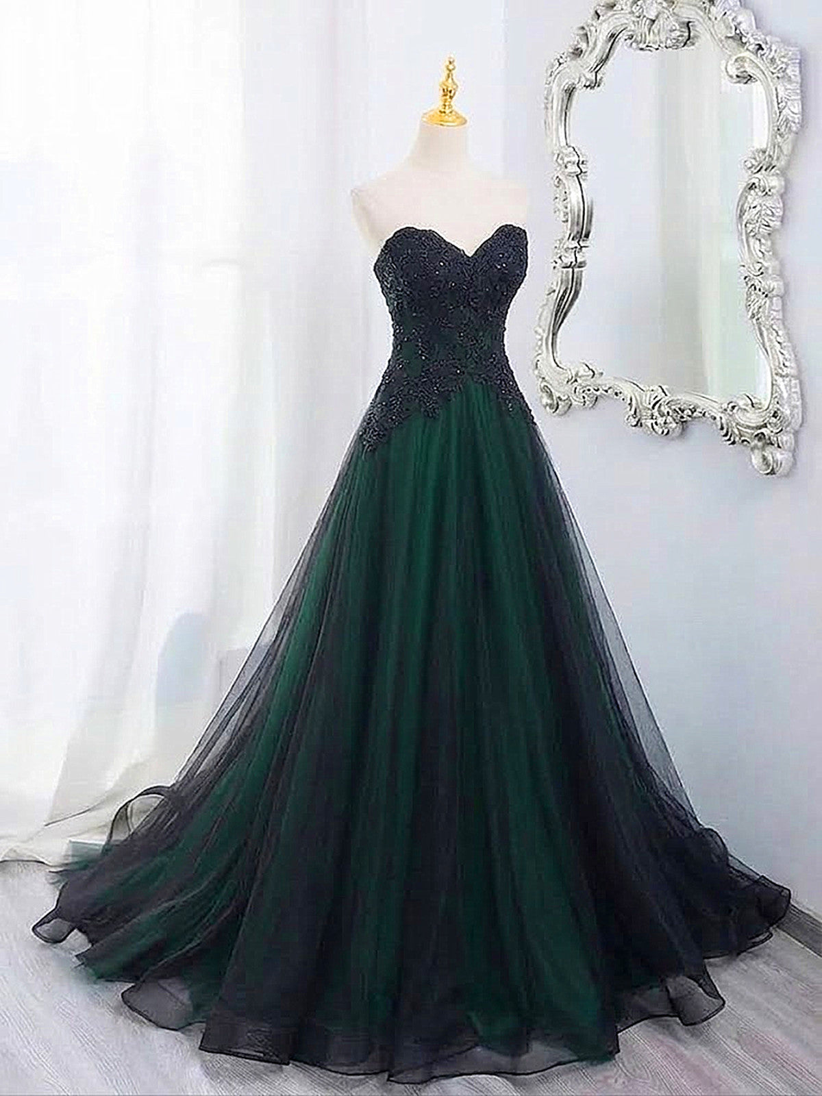 A-line Black and Green Gothic Sweetheart Party Dress, Black and Green Long Prom Dress