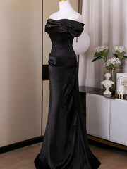 Black Satin Mermaid Long Evening Dress Party Dress, Black Satin Off Shoulder Prom Dress