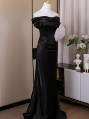 Black Satin Mermaid Long Evening Dress Party Dress, Black Satin Off Shoulder Prom Dress