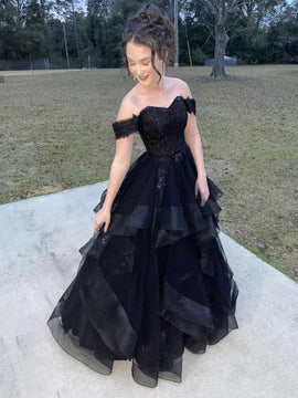 Black Off Shoulder Tulle with Lace Floor Length Party Dress, Black Tulle Long Prom Dress
