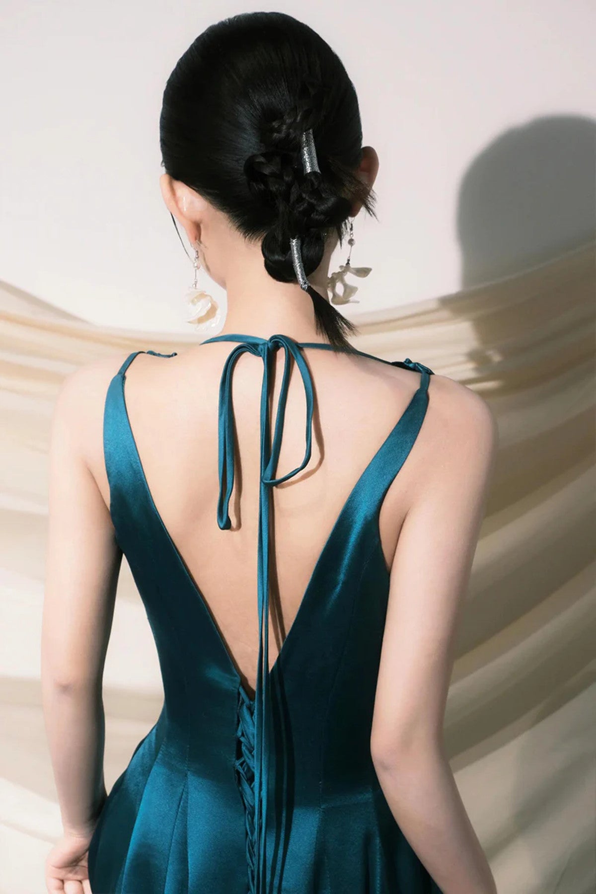 Cute V-neck Satin Long Prom Dress, Blue A-Line Low Back Evening Party Cutedressy Cute V-neck Satin Long Prom Dress, Blue A-Line Low Back Evening Party Cutedressy