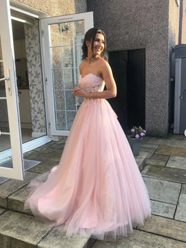 Pink A-line Tulle with Lace Applique Sweetheart Party Dress, Pink Tulle Long Prom Dress