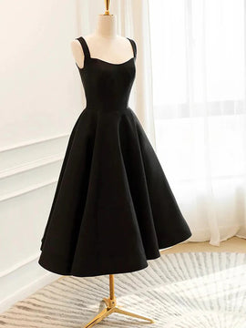 Black Straps Satin Tea Length Homecoming Dress, Black Satin Short Prom Dress Formal Dress